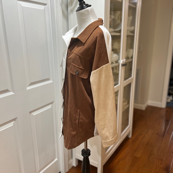 Colorblock Ribbed Button-Up Shacket - Brown, Cream & White - Picture 3 of 5
